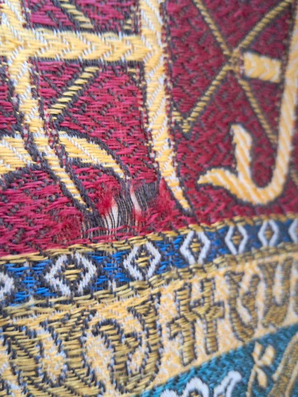 ​Vtg Jacquard Tapestry Table Cover Square Medallion Boho Burgundy Blue Fringe
